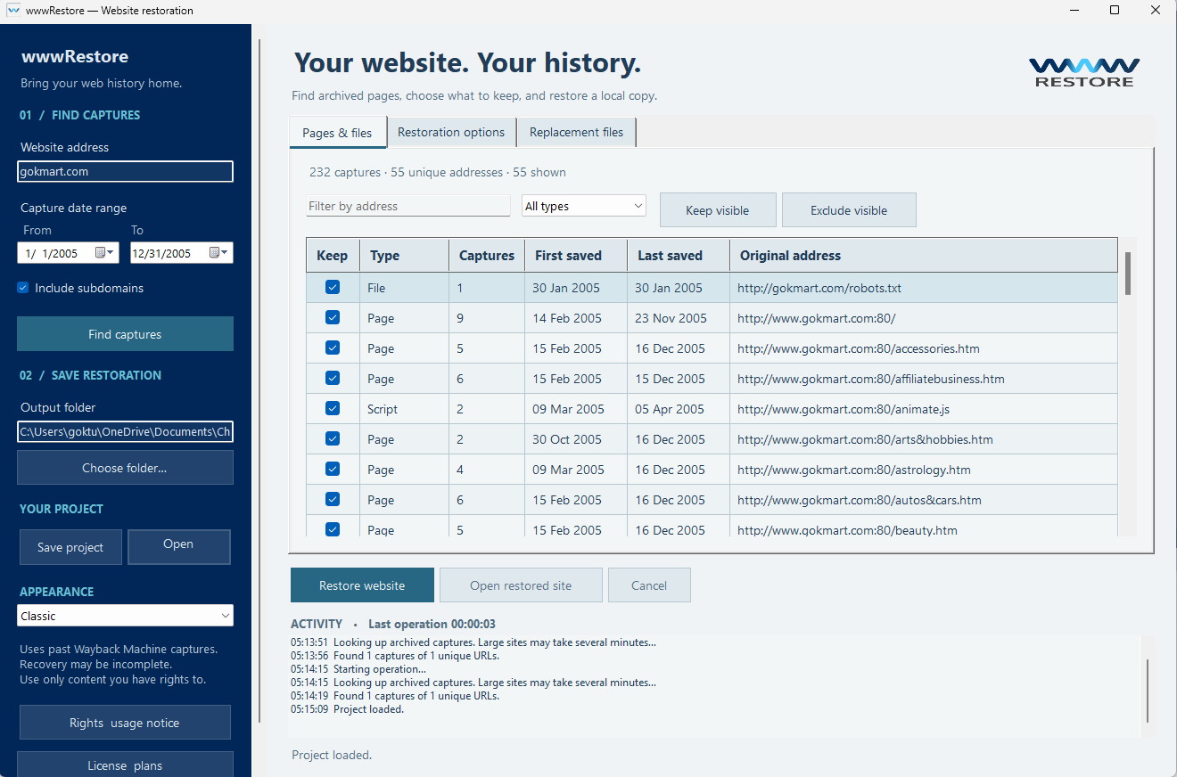 wwwRestore application screenshot